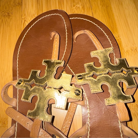 Tory Burch Gold and Brown Phoebe Strappy Leather Sandals Size 9 - Picture 7 of 7